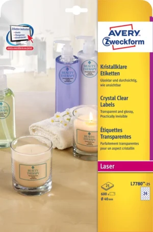 Avery transparante Crystal Clear etiketten diameter 40 mm, 600 etiketten, 24 per vel — transparante etiketten