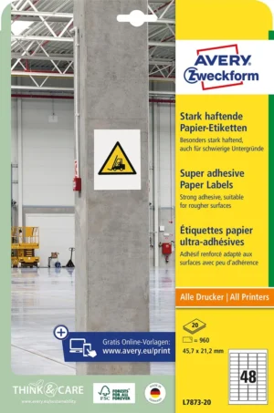 Avery sterk klevende papieren etiketten, ft 45,7 x 21,2 mm, pak van 960 etiketten — multifunctionele etiketten
