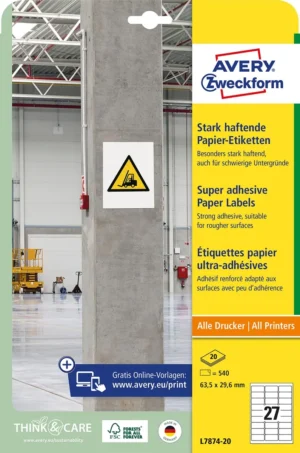 Avery sterk klevende papieren etiketten, ft 63,5 x 29,6 mm, pak van 540 etiketten — multifunctionele etiketten