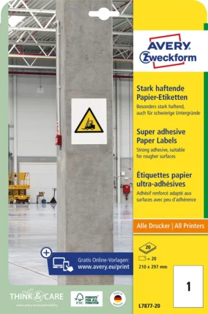 Avery sterk klevende papieren etiketten, ft 210 x 297 mm, pak van 20 etiketten — multifunctionele etiketten