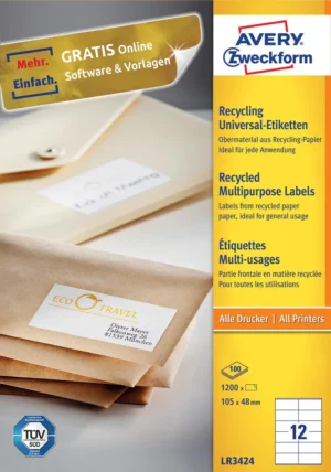 Avery Witte gerecycleerde universele etiketten ft 105 x 48 mm (b x h), 1.200 stuks, 12 per blad — multifunctionele etiketten