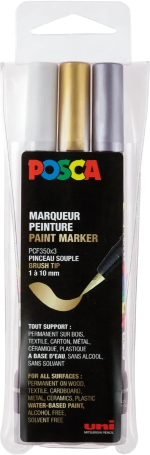 Étui met drie Posca PCF-350 paintmarkers met brush tip in goud, zilver en wit