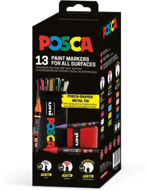 Metalen koker van Posca met 13 paintmarkers in geassorteerde kleuren