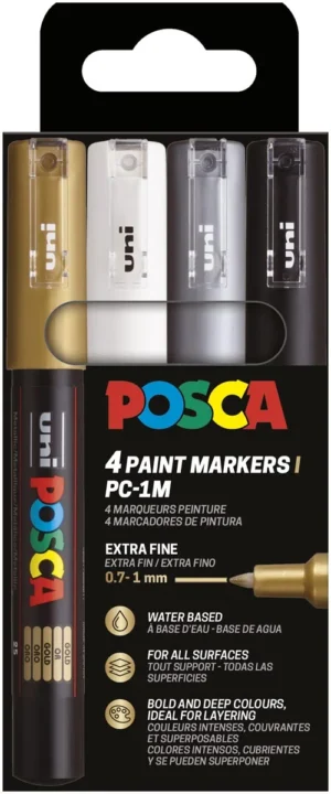 Etui met vier Uni POSCA PC-1MC paintmarkers in goud, zilver, wit en zwart