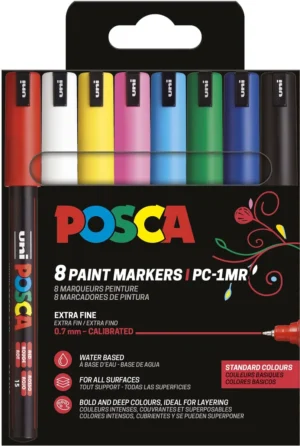 Etui met acht Posca PC-1MR paintmarkers van 0,7 mm in geassorteerde basiskleuren