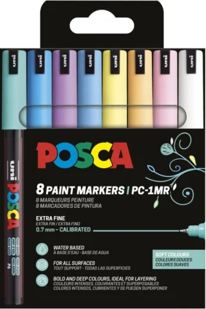 Etui met acht Posca PC-1MR paintmarkers van 0,7 mm in zachte kleuren
