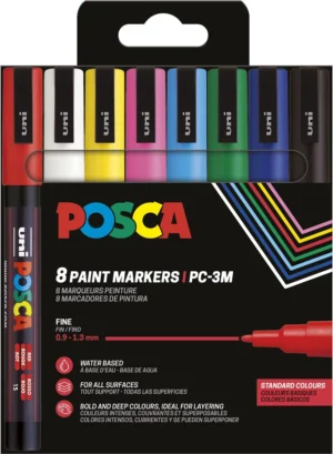 Etui met acht Posca PC-3M paintmarkers van 1,5 mm in geassorteerde basiskleuren