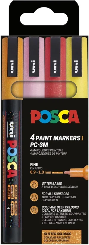 Etui met vier Uni POSCA PC-3ML paintmarkers met glitterinkt in oranje, roze, rood en geel