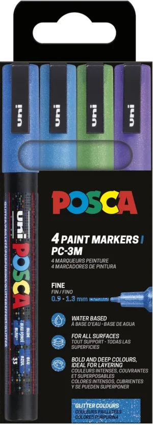 Etui met vier Uni POSCA PC-3ML paintmarkers in glitterkleuren donkerblauw, lichtblauw, groen en violet