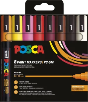 Etui met acht Uni POSCA PC-5M paintmarkers in warme kleuren