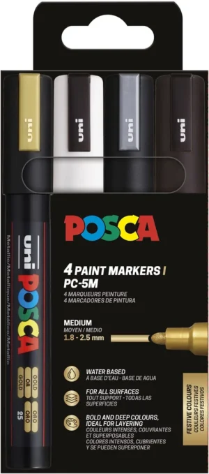 Etui met vier Uni POSCA PC-5M paintmarkers in goud, wit, zilver en zwart