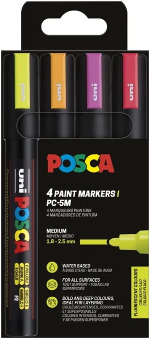 Etui met vier Uni POSCA PC-5M paintmarkers in fluokleuren geel, oranje, roze en rood