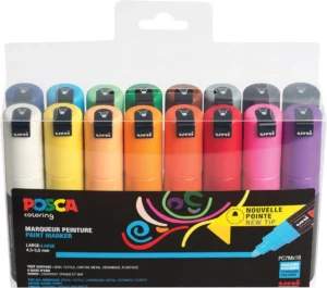 Etui met 16 Uni POSCA PC-7M paintmarkers in geassorteerde kleuren