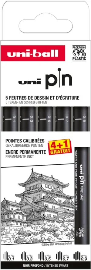 Uni Pin fineliner, gekalibreerde punten, zwart, 0,1-0,3-0,5-0,7-0,9 mm, blister van 4 + 1 gratis — school- en tekenfineliners