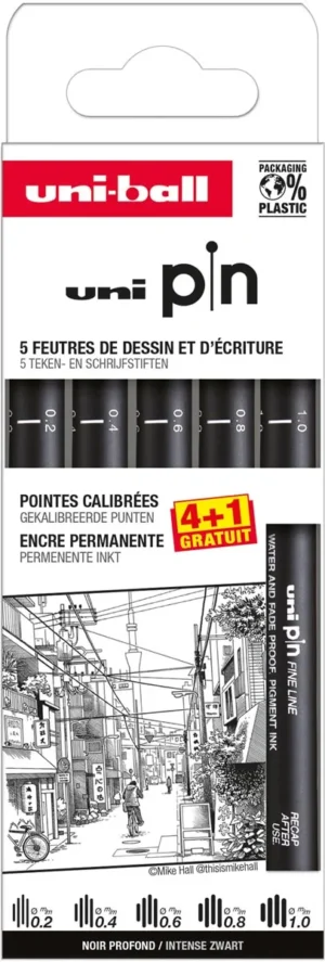 Uni Pin fineliner, gekalibreerde punten, zwart, 0,2-0,4-0,6-0,8-1,0 mm, blister van 4 + 1 gratis — school- en tekenfineliners