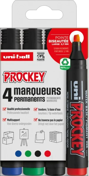 Uni-ball permanent marker Prockey PM-126, schuine punt, large, etui van 4 stuks — permanent markers