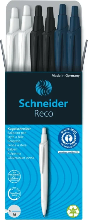 Doos met zes Schneider Reco balpennen medium in geassorteerde kleuren