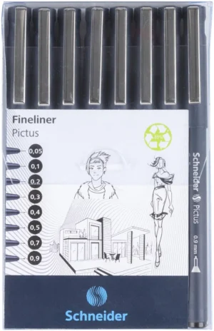 Schneider fineliner Pictus, etui van 8 stuks, zwart — office fineliners