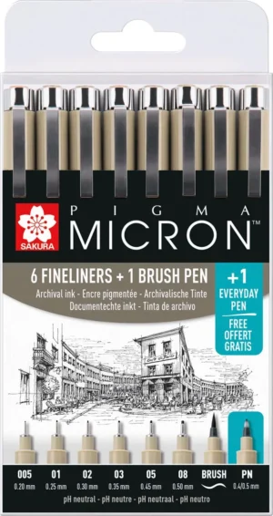 Sakura tekenstift Pigma Micron set van 7+1, zwart — school- en tekenfineliners