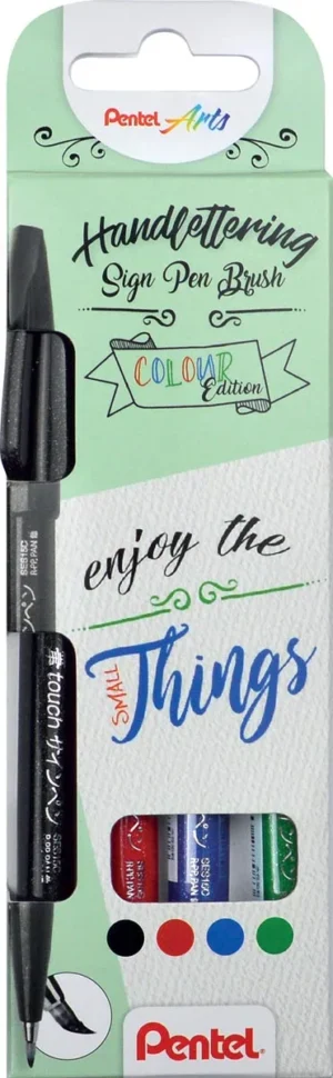 Pentel brushpen Sign Pen Brush Touch, kartonnen etui met 4 stuks: zwart, blauw, rood en groen — speciale stiften