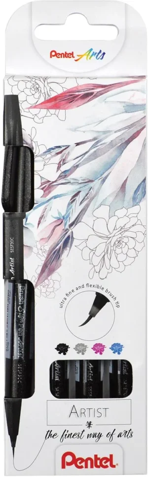 Pentel brushpen Artist, kartonnen etui met 4 stuks: zwart, grijs, turkoois en roze — speciale stiften