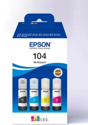 Epson inktfles 104 in vier kleuren, originele OEM-inkt voor EcoTank-printers