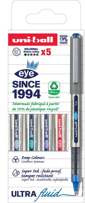 Uni-ball Eye Fine roller, schrijfbreedte 0,5 mm, etui van 5 stuks — liquid-ink rollers