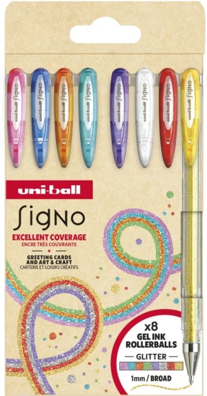 Etui met acht Uni-ball Signo Glitter gelrollers in geassorteerde kleuren