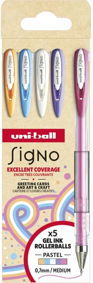 Etui met vijf Uni-ball Signo Pastel gelrollers in wit, roze, oranje, paars en blauw