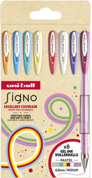 Etui met acht Uni-ball Signo Pastel gelrollers in verschillende pastelkleuren