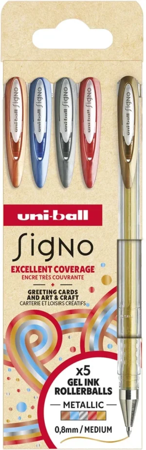 Etui met vijf uni-ball Signo Metallic gelrollers in rood, blauw, zilver, brons en goud