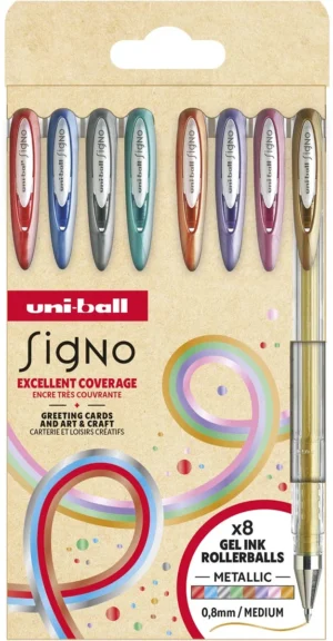 Etui met acht Uni-ball Signo Metallic gelrollers in rood, blauw, zilver, groen, brons, paars, roze en goud