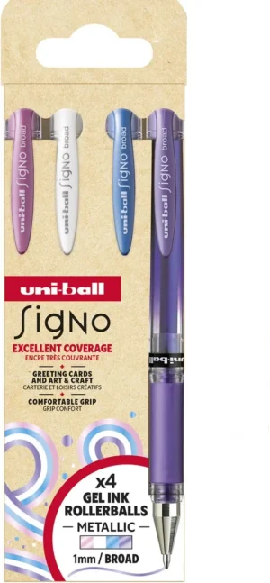 Uni-ball roller Signo Broad Creative, brede punt, etui van 4 stuks: roze, wit, blauw, paars — gelroller