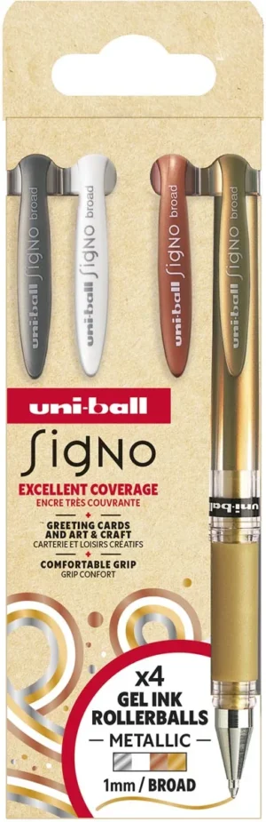 Uni-ball roller Signo Broad Creative, brede punt, etui van 4 stuks: zilver, wit, brons, goud — gelroller