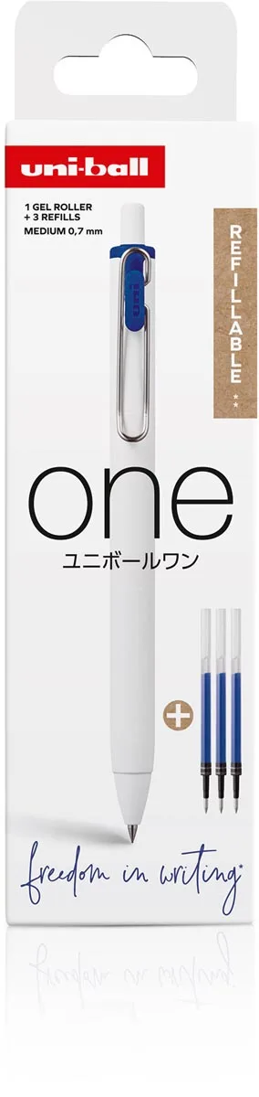 Uni-ball ONE gelroller 0,7 mm blauw met metalen clip en drie vullingen