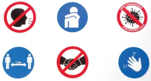 Veiligheidssticker, 6 pictogrammen met omgangsregels, ft 100 x 50 cm — signalisatie
