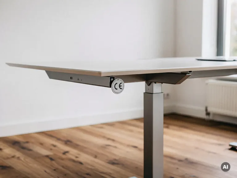 Elektrisch zit-sta bureau in beweging met kabelmanagement en CE-keurmerk in modern Nederlands kantoor met eiken vloer.