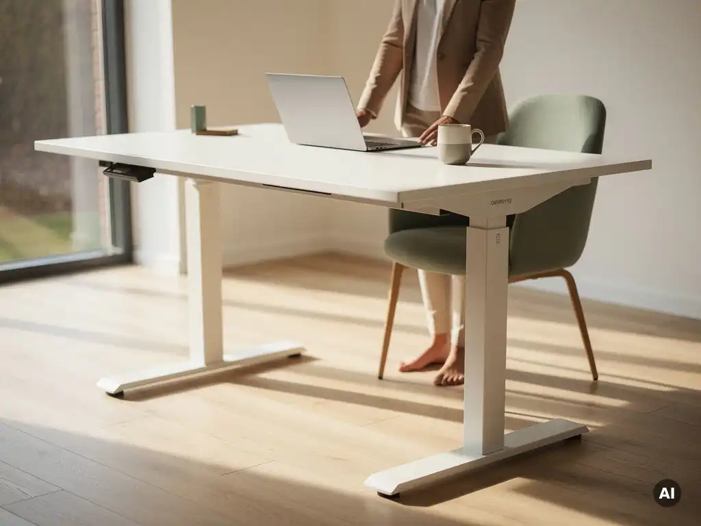 Elektrisch zit-sta bureau in hoogte-overgang met laptop en koffiemok, helder modern kantoor met eiken vloer en vloer-tot-plafond ramen.