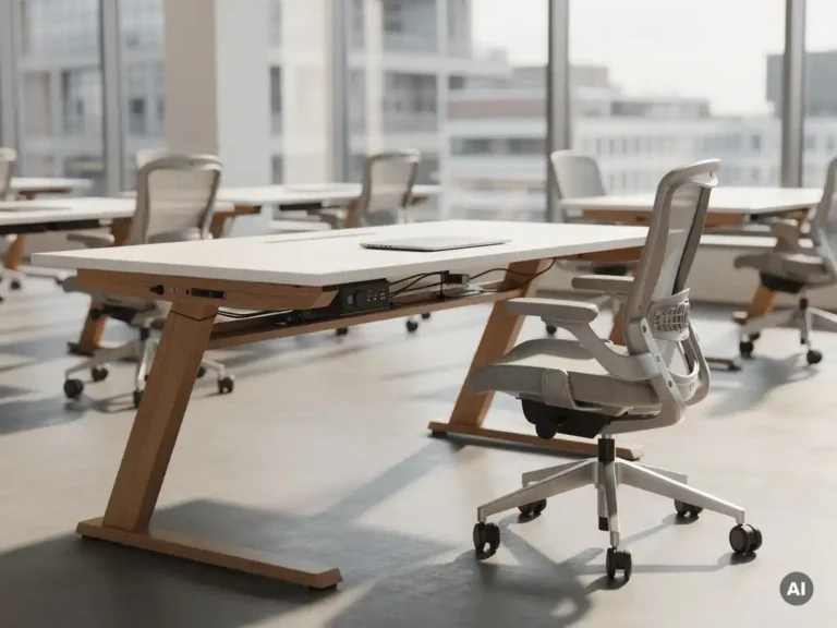 Elektrisch zit-sta bureau in beweging in modern Nederlands kantoor met ergonomische stoel, eiken blad en natuurlijk daglicht.
