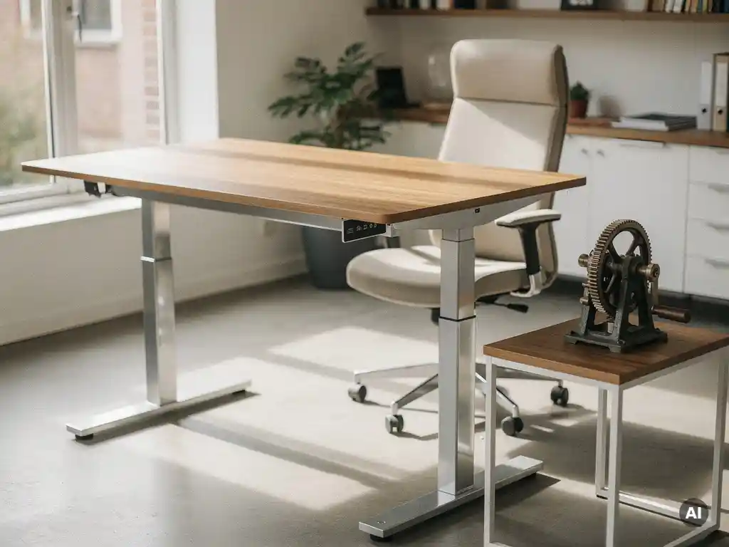Elektrisch zit-sta bureau in beweging omhoog, met handkruk op aangrenzend oppervlak, ergonomische stoel en natuurlijk raamlicht in modern kantoor.