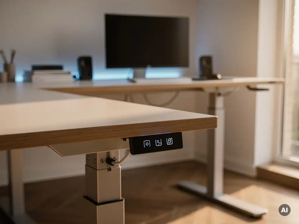 Elektrisch zit-sta bureau in beweging met verlicht bedieningspaneel, in een moderne thuiswerkplek met warm ochtendlicht.