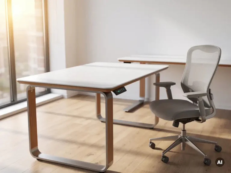 Elektrisch zit-sta bureau in hoogte-verstelling in modern Nederlands kantoor met L-vormig hoekbureau, eiken en witte tinten.