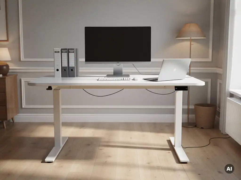 Elektrisch zit-sta bureau op maximale hoogte met monitor, laptop en ordners op wit bureaublad in Scandinavisch kantoor.
