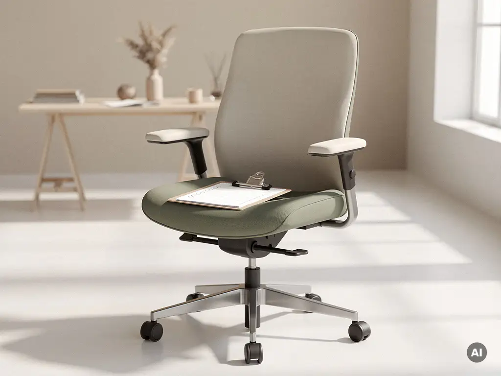 Ergonomische bureaustoel met klembord en checklist op de zitting, in een strak Scandinavisch kantoorinterieur met zacht natuurlijk licht.