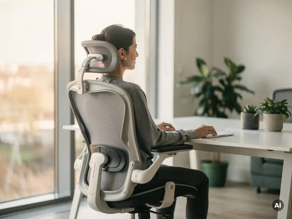 Persoon met rechte houding in ergonomische bureaustoel met zichtbare lendensteun aan een modern bureau in licht Nederlands kantoor.