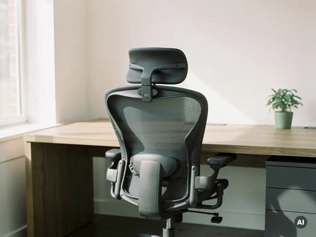 Ergonomische bureaustoel met lendensteun en hoofdsteun bij een modern bureau in een licht Nederlands kantoor met natuurlijk daglicht.