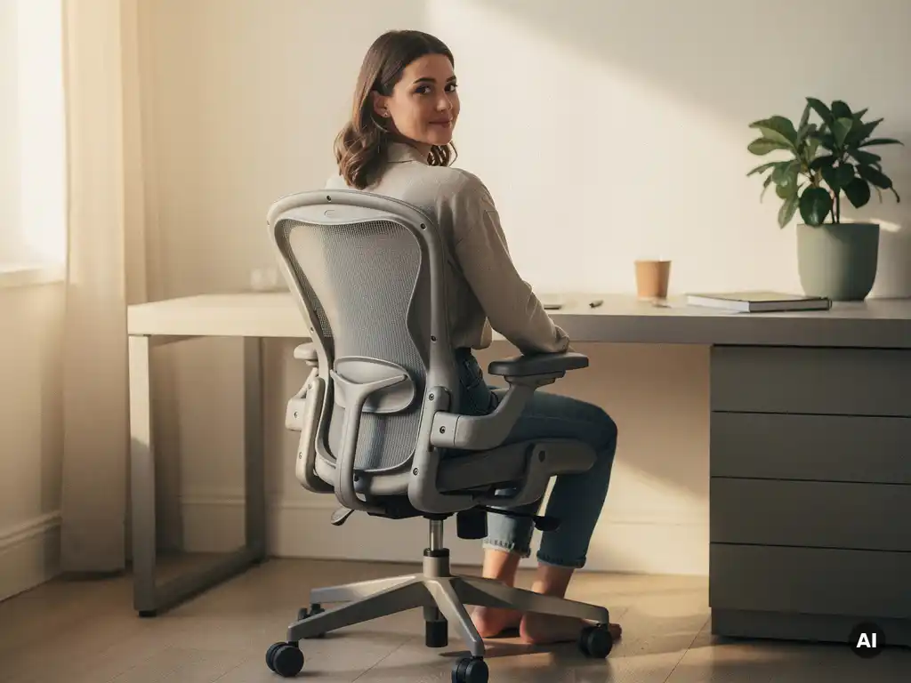 Petite vrouw zit comfortabel in ergonomische bureaustoel met lendensteunen, voeten plat op de vloer, bij een modern bureau in warm natuurlijk licht.