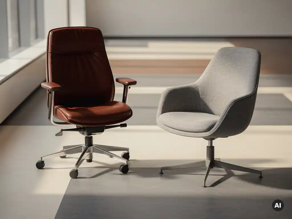 Ergonomische bureaustoel in donker leer naast een warmgrijze stoffen stoel op een modern kantoor, belicht door natuurlijk daglicht.