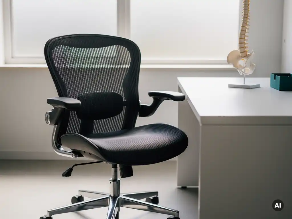 Ergonomische bureaustoel met lendensteun naast een anatomisch wervelkolommodel op een modern bureau in zacht natuurlijk daglicht.