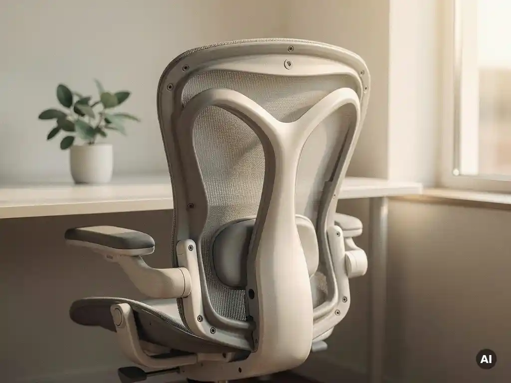 Ergonomische bureaustoel met lendensteunen verstelbare zijvleugels bij modern bureau, zacht natuurlijk daglicht, saliegroen plant op achtergrond.
